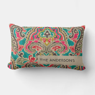 KRAFT TRIBAL IKAT TEAL PINK RED BOHO PATTERN  LUMBAR PILLOW