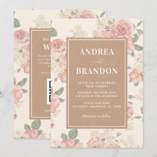 Kraft Vintage Pink Rose Garden QR Code Wedding Invitation