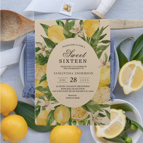 Kraft Vintage Watercolor Yellow Lemons Frame  Invitation