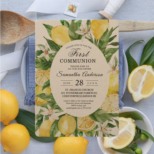 Kraft Vintage Watercolor Yellow Lemons Frame Invitation