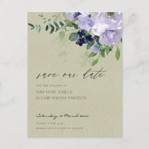 Kraft Violet Purple Floral Leafy Save the Date Postcard