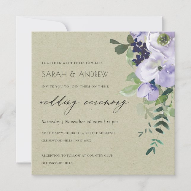 Kraft Violet Purple Floral Leafy Wedding Invite (Front)