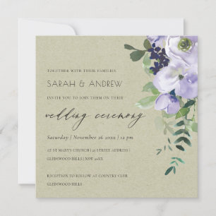 Kraft Violet Purple Floral Leafy Wedding Invite