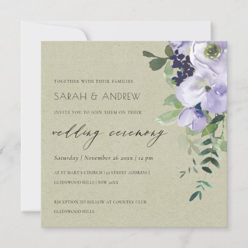 Kraft Violet Purple Floral Leafy Wedding Invite