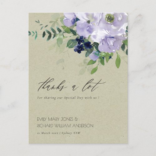 Kraft Violet Purple Floral Leafy Wedding Thanks Postcard