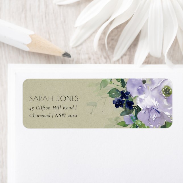 Kraft Violet Purple Navy Floral Leafy Address Label (Insitu)