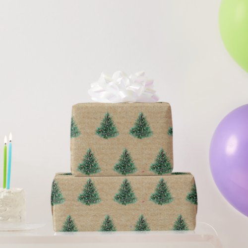 Kraft Watercolor Christmas Green Pine Tree Wrapping Paper