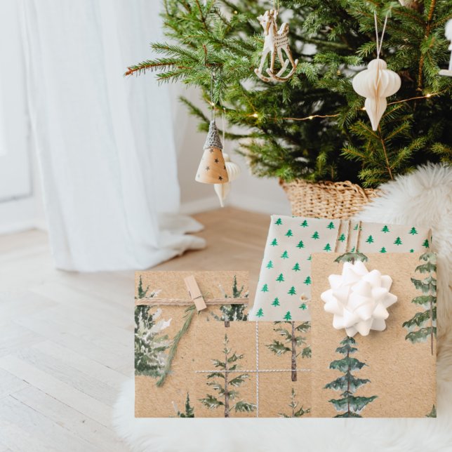  Kraft Watercolor Christmas Green Pine Tree  Wrapping Paper Sheets (Creator Uploaded)