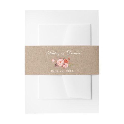 Kraft Watercolor Floral Coral Wedding Invitation Belly Band