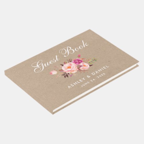 Kraft Watercolor Floral Pink Blush Wedding Guest Book