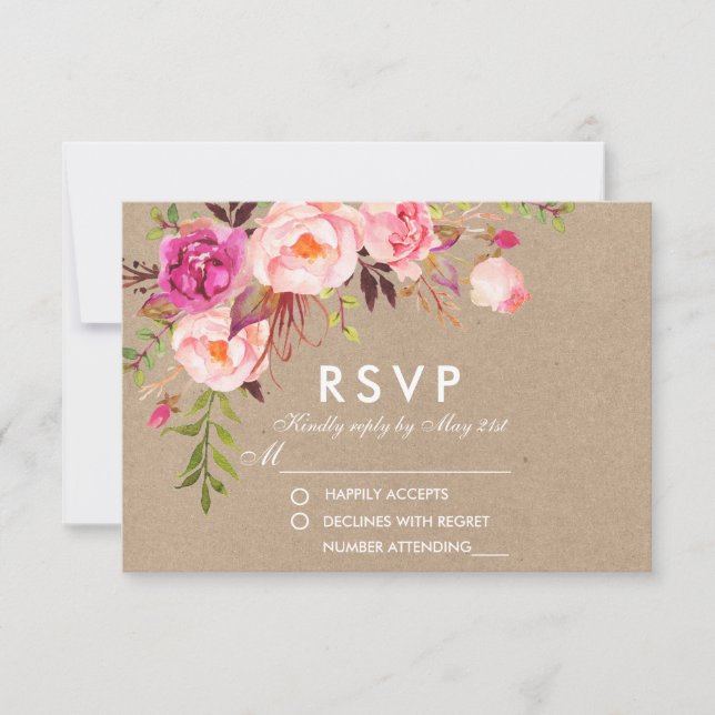 Kraft Watercolor Floral Pink RSVP Wedding (Front)