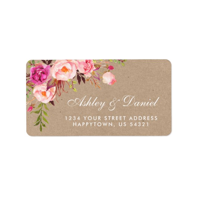 Kraft Watercolor Floral Pink Wedding Address Label (Front)