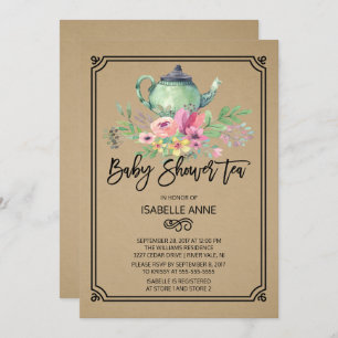 Kraft Watercolor Floral Tea Party Baby Shower Invitation