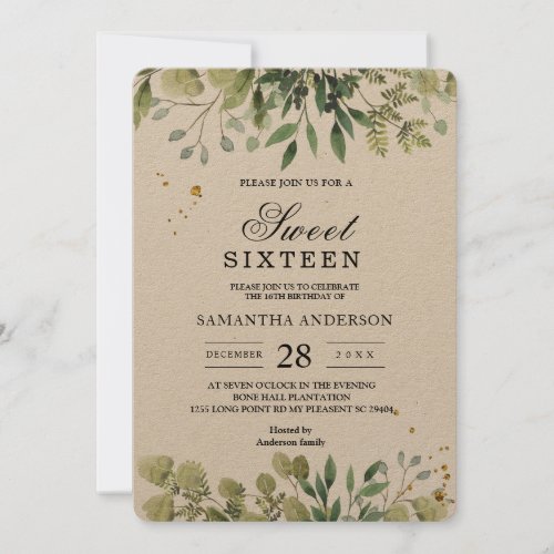 Kraft Watercolor Green Leaves Branch Invitation