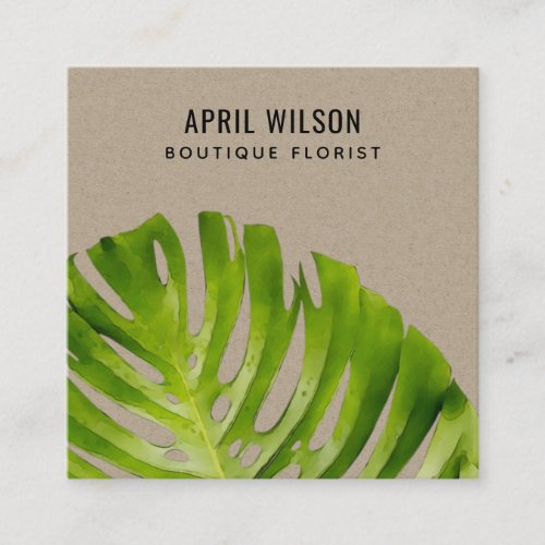 KRAFT WATERCOLOR GREEN MONSTERA LEAF FOLIAGE SQUARE BUSINESS CARD