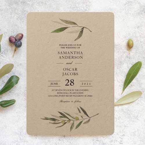Kraft Watercolor Green Olive Branch  Invitation