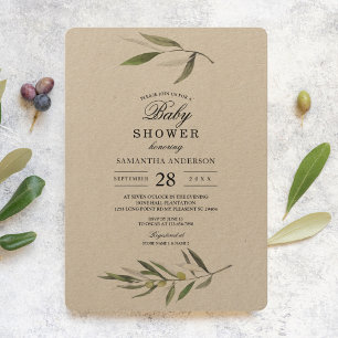 Kraft Watercolor Green Olive Branch Invitation