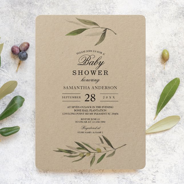 Kraft Watercolor Green Olive Branch  Invitation (Creator Uploaded)
