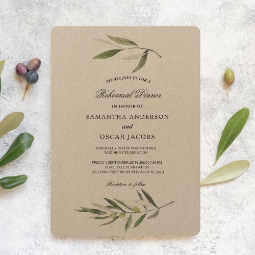 Kraft Watercolor Green Olive Branch  Invitation