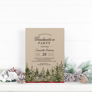 Kraft Watercolor Pine Trees & Red Buffalo Plaid  Invitation