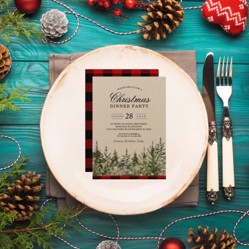 Kraft Watercolor Pine Trees  Red Buffalo Plaid  Invitation