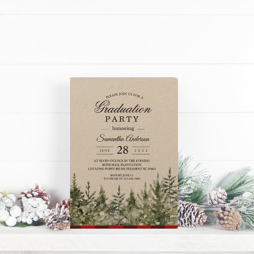 Kraft Watercolor Pine Trees  Red Buffalo Plaid  Invitation