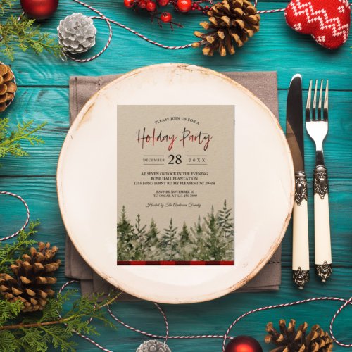 Kraft Watercolor Pine Trees  Red Buffalo Plaid  Invitation