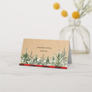 Kraft Watercolor Pine Trees & Red Buffalo Plaid Place Card