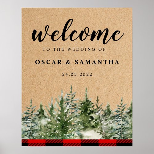 Kraft Watercolor Pine Trees  Red Buffalo Plaid  Poster