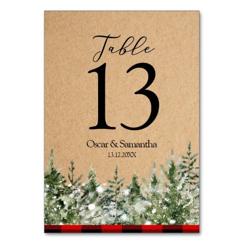 Kraft Watercolor Pine Trees  Red Buffalo Plaid  Table Number