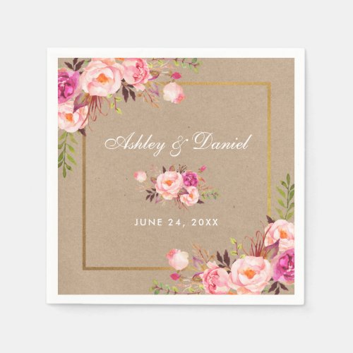 Kraft Watercolor Pink Blush Floral Gold Wedding Napkins