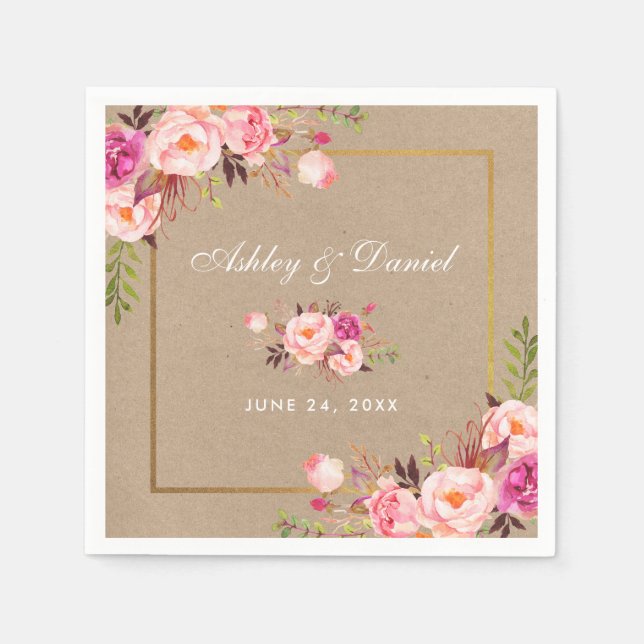 Kraft Watercolor Pink Blush Floral Gold Wedding Napkins (Front)