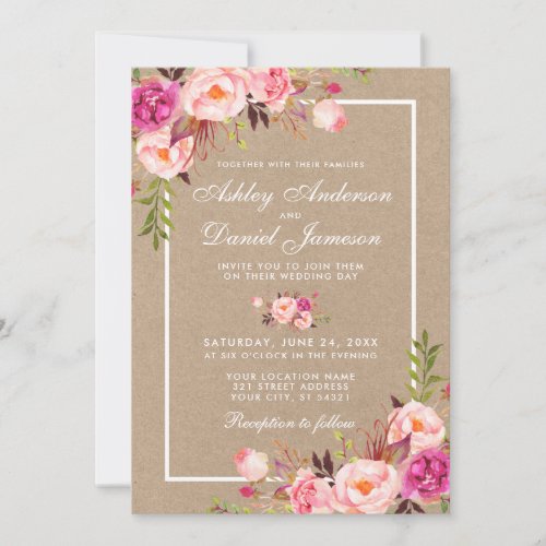 Kraft Watercolor Pink Blush Floral Wedding Invite