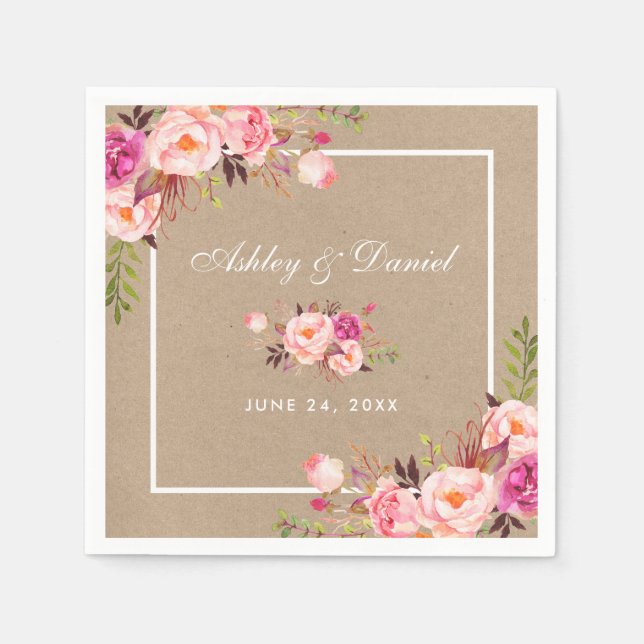 Kraft Watercolor Pink Blush Floral Wedding Napkins (Front)