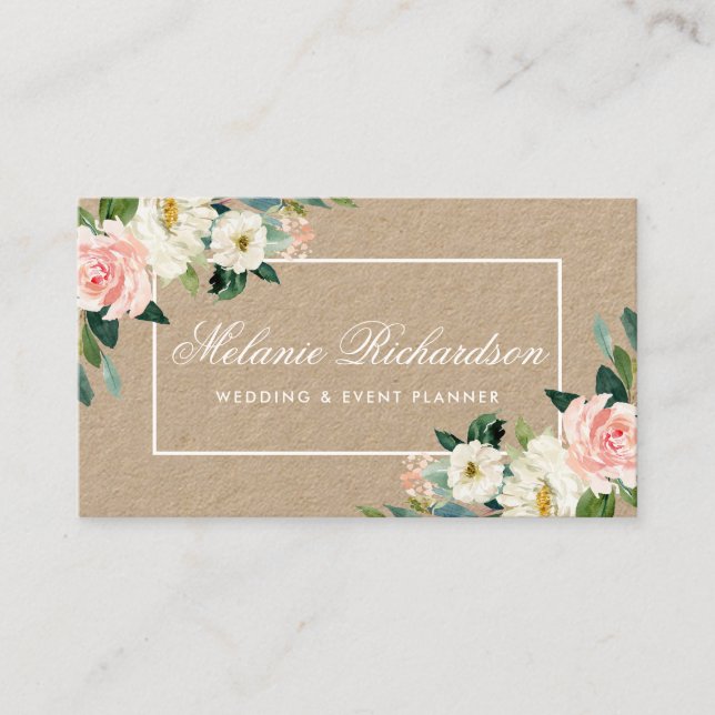 Kraft Watercolor Pink Blush White Floral Business Card (Front)