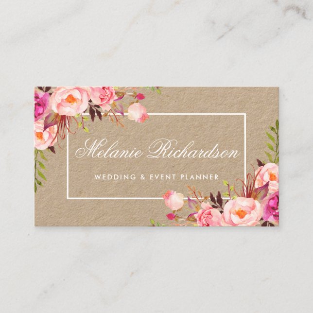 Kraft Watercolor Pink Floral Business Card (Front)