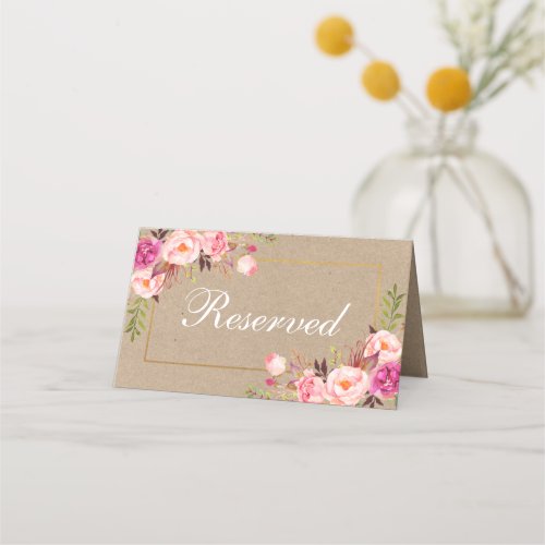 Kraft Watercolor Pink Floral Gold Wedding Reserved Place Card