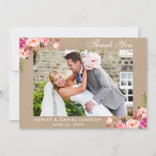 Kraft Watercolor Pink Floral Wedding Photo Thank You Card