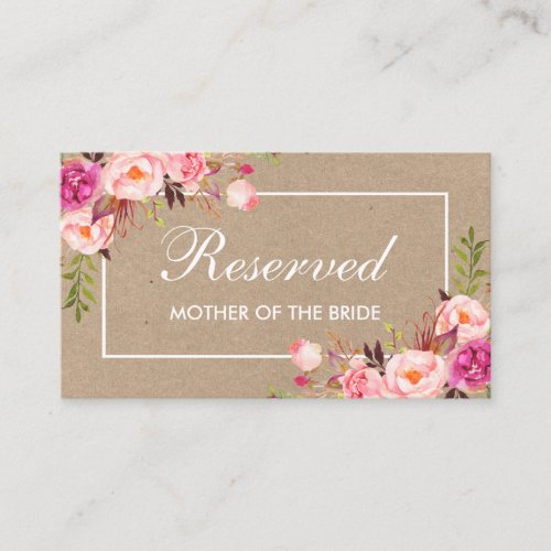 Kraft Watercolor Pink Floral Wedding Reserved Name Place Card