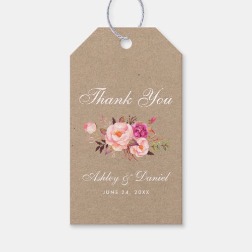 Kraft Watercolor Pink Floral Wedding Thank You Gift Tags