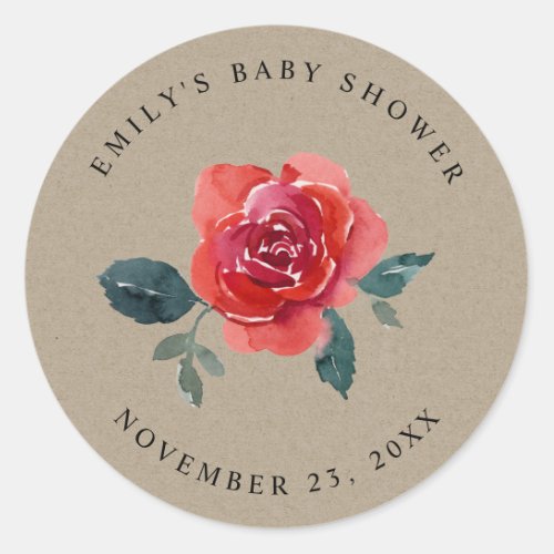 KRAFT WATERCOLOR RED GREEN ROSE FLORAL BABY SHOWER CLASSIC ROUND STICKER