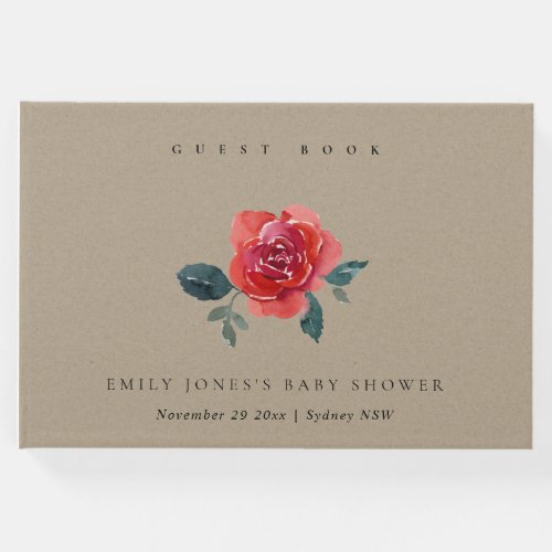 KRAFT WATERCOLOR RED GREEN ROSE FLORAL BABY SHOWER GUEST BOOK