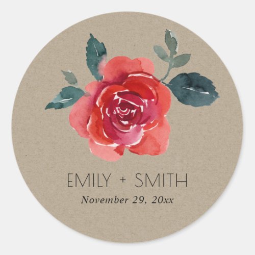 KRAFT WATERCOLOR RED GREEN ROSE FLORAL WEDDING CLASSIC ROUND STICKER