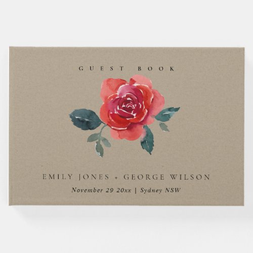 KRAFT WATERCOLOR RED GREEN ROSE FLORAL WEDDING GUEST BOOK
