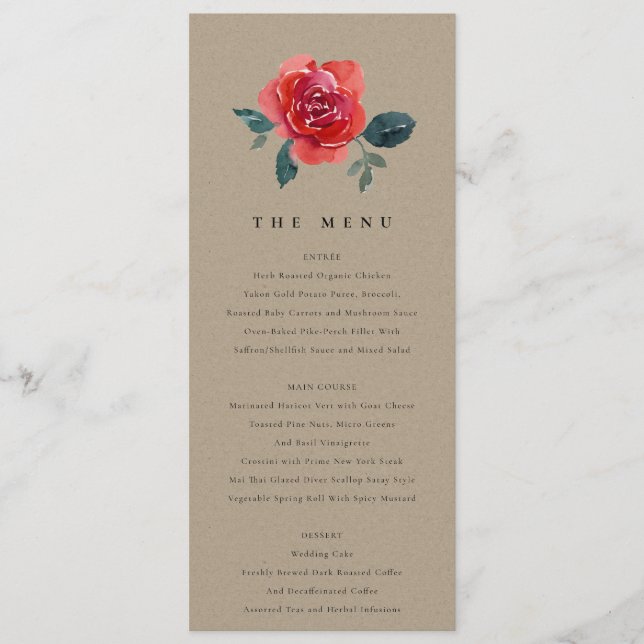 KRAFT WATERCOLOR RED GREEN ROSE FLORAL WEDDING MENU (Front)