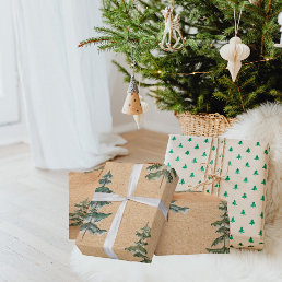 Kraft Watercolor Winter Pine Green Tree Christmas Wrapping Paper