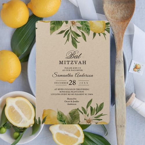 Kraft Watercolor Yellow Lemons  Leaf   Invitation