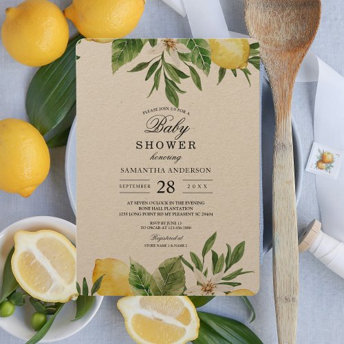 Kraft Watercolor Yellow Lemons  Leaf   Invitation