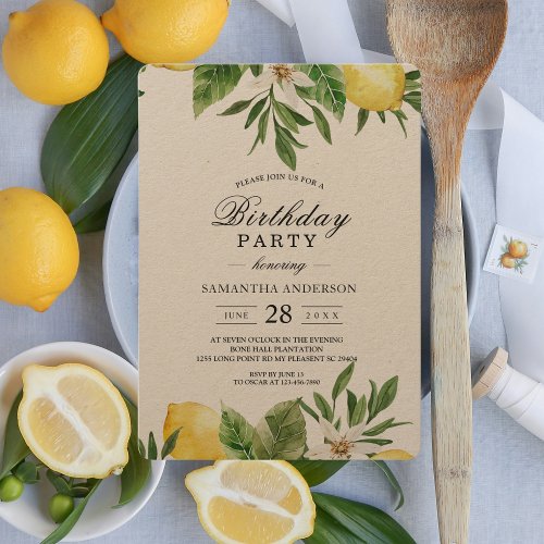 Kraft Watercolor Yellow Lemons  Leaf   Invitation