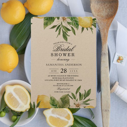 Kraft Watercolor Yellow Lemons  Leaf   Invitation